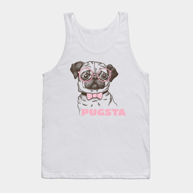 Pugsta - Hipster Pug Girl Puppy Dog Bow Tie & Glasses Tank Top by PozureTees108